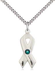 [5150SS-STN5/18S] Sterling Silver Cancer Awareness Pendant with a 3mm Emerald Swarovski stone on a 18 inch Light Rhodium Light Curb chain