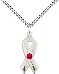 [5150SS-STN7/18S] Sterling Silver Cancer Awareness Pendant with a 3mm Ruby Swarovski stone on a 18 inch Light Rhodium Light Curb chain