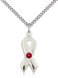 [5150SS-STN7/18S] Sterling Silver Cancer Awareness Pendant with a 3mm Ruby Swarovski stone on a 18 inch Light Rhodium Light Curb chain
