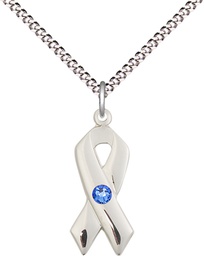 [5150SS-STN9/18S] Sterling Silver Cancer Awareness Pendant with a 3mm Sapphire Swarovski stone on a 18 inch Light Rhodium Light Curb chain