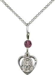 [5401AMSS/18SS] Sterling Silver Miraculous Pendant with an Amethyst bead on a 18 inch Sterling Silver Light Curb chain