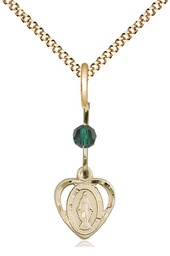 [5401EMGF/18G] 14kt Gold Filled Miraculous Pendant with a Emerald bead on a 18 inch Gold Plate Light Curb chain