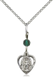 [5401EMSS/18SS] Sterling Silver Miraculous Pendant with a Emerald bead on a 18 inch Sterling Silver Light Curb chain
