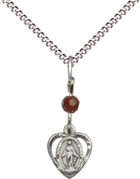[5401GTSS/18S] Sterling Silver Miraculous Pendant with a Garnet bead on a 18 inch Light Rhodium Light Curb chain