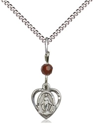 [5401GTSS/18S] Sterling Silver Miraculous Pendant with a Garnet bead on a 18 inch Light Rhodium Light Curb chain