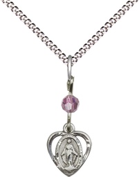 [5401LAMSS/18S] Sterling Silver Miraculous Pendant with a Light Amethyst bead on a 18 inch Light Rhodium Light Curb chain