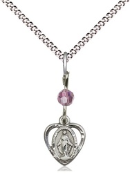 [5401LAMSS/18S] Sterling Silver Miraculous Pendant with a Light Amethyst bead on a 18 inch Light Rhodium Light Curb chain