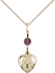 [5411AMGF/18GF] 14kt Gold Filled Heart Cross Pendant with an Amethyst bead on a 18 inch Gold Filled Light Curb chain