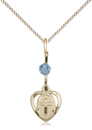 [5411AQGF/18GF] 14kt Gold Filled Heart Cross Pendant with an Aqua bead on a 18 inch Gold Filled Light Curb chain