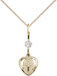 [5411CGF/18GF] 14kt Gold Filled Heart Cross Pendant with a Crystal bead on a 18 inch Gold Filled Light Curb chain