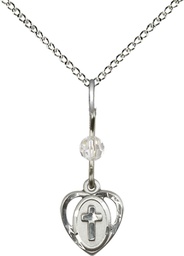 [5411CSS/18SS] Sterling Silver Heart Cross Pendant with a Crystal bead on a 18 inch Sterling Silver Light Curb chain