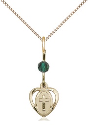 [5411EMGF/18GF] 14kt Gold Filled Heart Cross Pendant with a Emerald bead on a 18 inch Gold Filled Light Curb chain