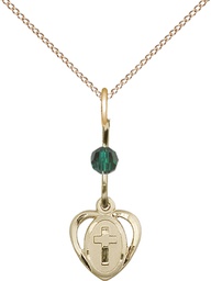 [5411EMGF/18GF] 14kt Gold Filled Heart Cross Pendant with a Emerald bead on a 18 inch Gold Filled Light Curb chain