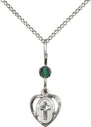 [5411EMSS/18SS] Sterling Silver Heart Cross Pendant with a Emerald bead on a 18 inch Sterling Silver Light Curb chain