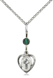 [5411EMSS/18SS] Sterling Silver Heart Cross Pendant with a Emerald bead on a 18 inch Sterling Silver Light Curb chain