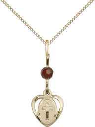 [5411GTGF/18GF] 14kt Gold Filled Heart Cross Pendant with a Garnet bead on a 18 inch Gold Filled Light Curb chain