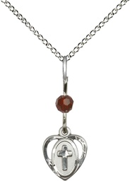 [5411GTSS/18SS] Sterling Silver Heart Cross Pendant with a Garnet bead on a 18 inch Sterling Silver Light Curb chain