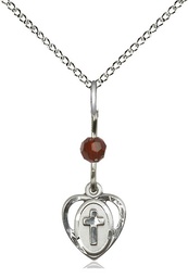 [5411GTSS/18SS] Sterling Silver Heart Cross Pendant with a Garnet bead on a 18 inch Sterling Silver Light Curb chain
