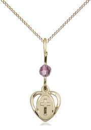 [5411LAMGF/18GF] 14kt Gold Filled Heart Cross Pendant with a Light Amethyst bead on a 18 inch Gold Filled Light Curb chain