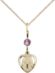 [5411LAMGF/18GF] 14kt Gold Filled Heart Cross Pendant with a Light Amethyst bead on a 18 inch Gold Filled Light Curb chain