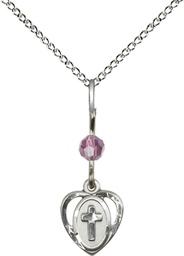 [5411LAMSS/18SS] Sterling Silver Heart Cross Pendant with a Light Amethyst bead on a 18 inch Sterling Silver Light Curb chain