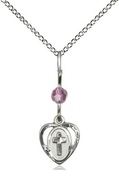 [5411LAMSS/18SS] Sterling Silver Heart Cross Pendant with a Light Amethyst bead on a 18 inch Sterling Silver Light Curb chain