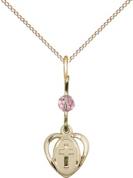 [5411LROGF/18GF] 14kt Gold Filled Heart Cross Pendant with a Light Rose bead on a 18 inch Gold Filled Light Curb chain