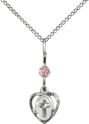 [5411LROSS/18SS] Sterling Silver Heart Cross Pendant with a Light Rose bead on a 18 inch Sterling Silver Light Curb chain