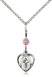 [5411LROSS/18SS] Sterling Silver Heart Cross Pendant with a Light Rose bead on a 18 inch Sterling Silver Light Curb chain