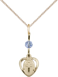 [5411LSAGF/18GF] 14kt Gold Filled Heart Cross Pendant with a Light Sapphire bead on a 18 inch Gold Filled Light Curb chain