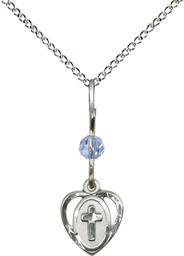 [5411LSASS/18SS] Sterling Silver Heart Cross Pendant with a Light Sapphire bead on a 18 inch Sterling Silver Light Curb chain