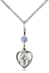 [5411LSASS/18SS] Sterling Silver Heart Cross Pendant with a Light Sapphire bead on a 18 inch Sterling Silver Light Curb chain