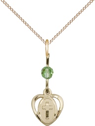 [5411PDGF/18GF] 14kt Gold Filled Heart Cross Pendant with a Peridot bead on a 18 inch Gold Filled Light Curb chain