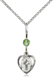[5411PDSS/18SS] Sterling Silver Heart Cross Pendant with a Peridot bead on a 18 inch Sterling Silver Light Curb chain