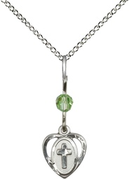 [5411PDSS/18SS] Sterling Silver Heart Cross Pendant with a Peridot bead on a 18 inch Sterling Silver Light Curb chain