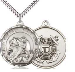 [0201SS3/24S] Sterling Silver Saint Michael Coast Guard Pendant on a 24 inch Light Rhodium Heavy Curb chain