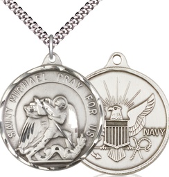 [0201SS6/24S] Sterling Silver Saint Michael Navy Pendant on a 24 inch Light Rhodium Heavy Curb chain