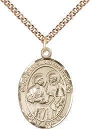 [7132GF/24GF] 14kt Gold Filled Saints Cosmas &amp; Damian Pendant on a 24 inch Gold Filled Heavy Curb chain