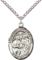 [7132SS/24SS] Sterling Silver Saints Cosmas &amp; Damian Pendant on a 24 inch Sterling Silver Heavy Curb chain