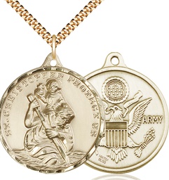 [0203GF2/24G] 14kt Gold Filled Saint Christopher Army Pendant on a 24 inch Gold Plate Heavy Curb chain