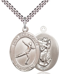 [7139SS/24S] Sterling Silver Saint Christopher Figure Skating Pendant on a 24 inch Light Rhodium Heavy Curb chain