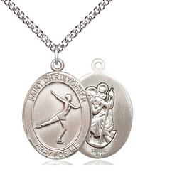 [7139SS/24SS] Sterling Silver Saint Christopher Figure Skating Pendant on a 24 inch Sterling Silver Heavy Curb chain