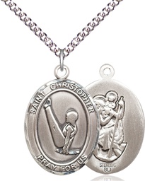 [7142SS/24SS] Sterling Silver Saint Christopher Gymnastics Pendant on a 24 inch Sterling Silver Heavy Curb chain