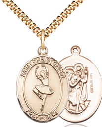 [7143GF/24G] 14kt Gold Filled Saint Christopher Dance Pendant on a 24 inch Gold Plate Heavy Curb chain