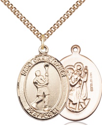 [7144GF/24GF] 14kt Gold Filled Saint Christopher Lacrosse Pendant on a 24 inch Gold Filled Heavy Curb chain