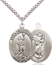 [7144SS/24SS] Sterling Silver Saint Christopher Lacrosse Pendant on a 24 inch Sterling Silver Heavy Curb chain