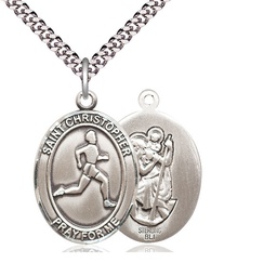 [7149SS/24S] Sterling Silver Saint Christopher Track&amp;Field Pendant on a 24 inch Light Rhodium Heavy Curb chain