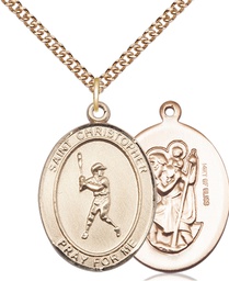 [7150GF/24GF] 14kt Gold Filled Saint Christopher Baseball Pendant on a 24 inch Gold Filled Heavy Curb chain