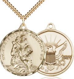 [0203GF6/24G] 14kt Gold Filled Saint Christopher Navy Pendant on a 24 inch Gold Plate Heavy Curb chain