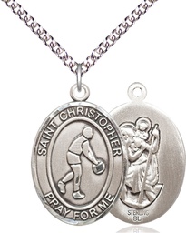 [7153SS/24SS] Sterling Silver Saint Christopher Basketball Pendant on a 24 inch Sterling Silver Heavy Curb chain